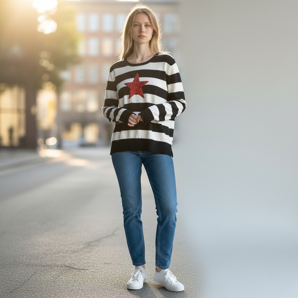 Tommy Hilfiger Womens Striped Sequin Star Sweater Black White Red Cotton L